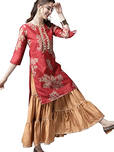 Image of INDO ERA Women's Poly Chanderi Printed Straight Kurta Sharara With Dupatta Set(21AAA2370)