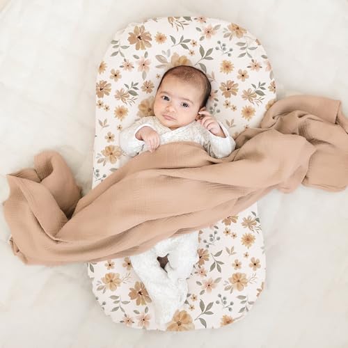 Image of Konssy 2 Pack Baby Lounger Cover, Stretchy Soft Infant Lounger Cover | For Baby Boys and Girls, Cover Set Only. Soft Breathable Fabric, Envelope Closure, Machine Washable, Flourish and Cream