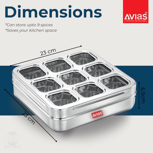 Image of AVIAS 9 Square Stainless Steel Masala Box for Kitchen, Spice Box with See-Through Lid, 9 Containers Masala Dani /Dabba, Dry Fruit Organiser, Food Grade Rust-Free Steel, Design Medium 23cm, Silver