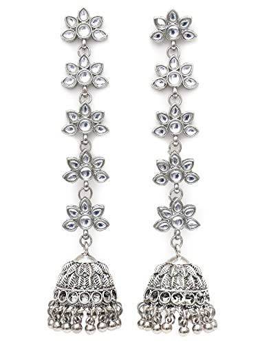 Image of Karatcart Women Oxidised Silver Kundan And Silver Balls Studded Jhumki Earrings|11cm, Width: 2.5cm
