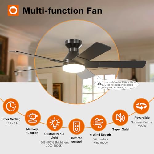 addlon Ceiling Fans with Lights, 52 inch Low Profile Ceiling fan with Light and Remote Control, Flush Mount, Reversible, 3CCT, Dimmable, Noiseless, Black Ceiling Fan for Bedroom, Indoor/Outdoor Use thumbnail 2