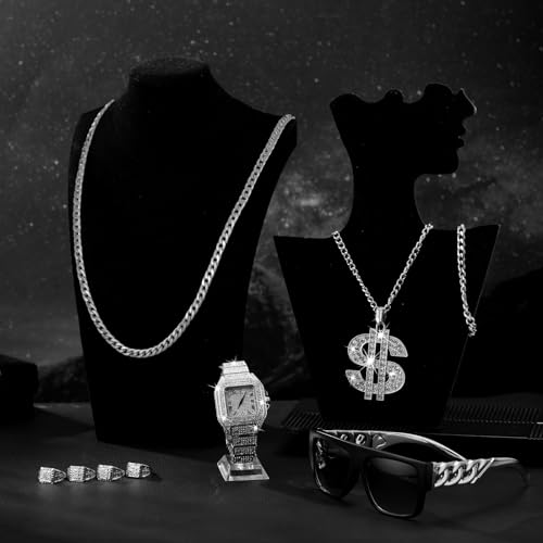 Equsion 9 Pcs Hip Hop Jewelry Set Dollar Sign Pendant Necklace Bracelet Diamond Watch Punk Sunglasses Lucky Rings for Men
