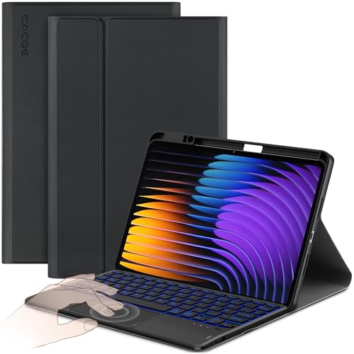 CACOE Hülle Tastatur Kompatibel mit Xiaomi Mi Pad 7/ Mi Pad 7 Pro (11.2 Zoll 2025) mit Touchpad [Deutsch] 7-Farbige Beleuchtung Abnehmbare Kabellose Tastatur Schwarz