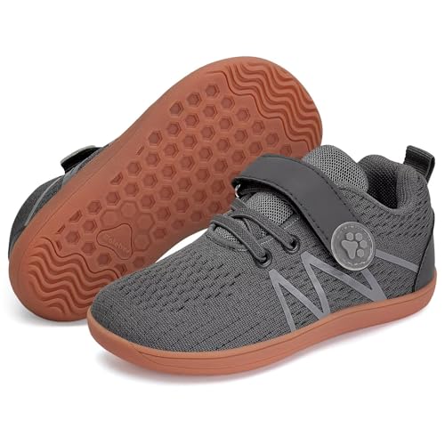 WateLves Wide Toddler Barefoot Shoes Little Kids Boys Girls Walking Tennis Sneakers with Breathable Mesh Zero Drop Sole Adjustable Strap(Dark Grey,31)