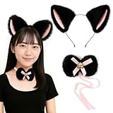 [ギノヤ] 猫耳 カチューシャ, ふわふわ ヘッドバンド 首輪 2点セット コスプレ クリスマス 仮装 コスチューム用小物