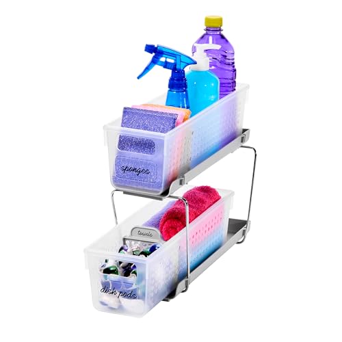 madesmart Mini 2-Tier Organizer, Multi-Purpose Slide-Out Storage with Handles and Dividers for Home and Bath, Frost