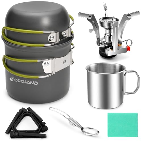Odoland 8pcs Camping Cookware Set with Stove and Accessories