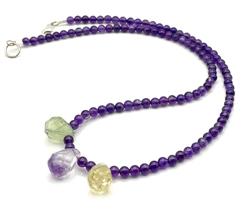 Collier en Argent 925 Améthyste Citrine Prehnite : Bijou Minimaliste en Pierres Naturelles