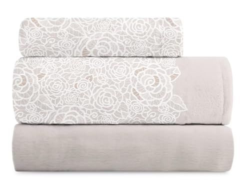 Ciberdescans Sábanas Velvet 563 de Manterol | Coralina Doble Cara térmica | Tacto Aterciopelado | Bajera Ajustable 28 cm | Diseño Floral | Colores Rosa Beige y Gris (C07, Cama 135cm)