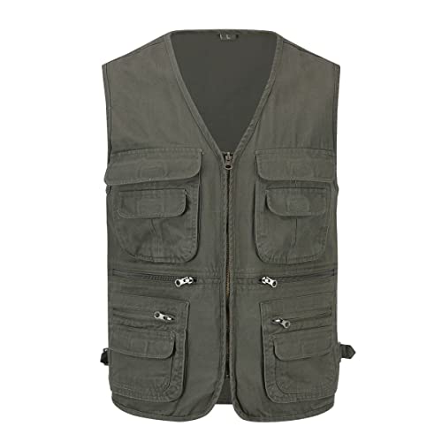 YOUTHUP Chaleco Gilet para hombre con múltiples bolsillos tipo cargo, chaleco utilitario estilo safari para exteriores, pesca y caza, verde claro, XL