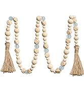 OMISHE Wood Bead Garland with Tassels 52 Inches, Octagonal Handmade Wooden Beads with Blue Acryli...