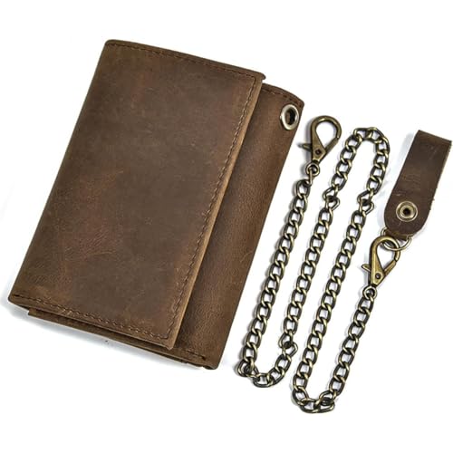 Genuine Leather Wallet for Men Retro Trifold Wallet with Chain RFID Blocking Anti-Theft Card Slots and Secure Handmade Leather Construction (Brown)3