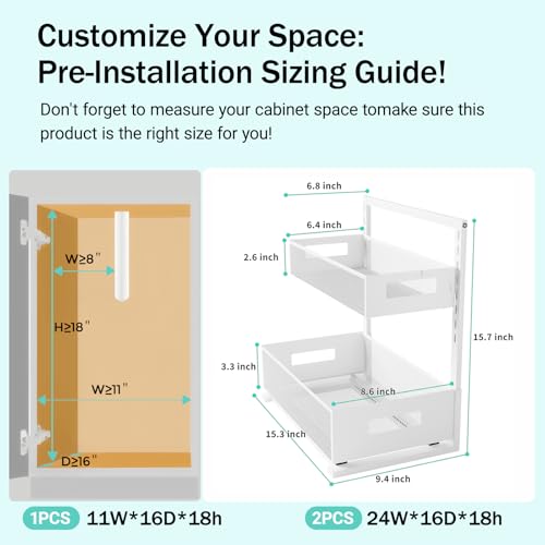 Image of Petiza Under Sink Organizer Adjustable Height 2 Tier Bathroom Organizer Pull Out Cabinet Organer kitchen organizers and storage fridge organizers and storage,White,XL-1 Pack