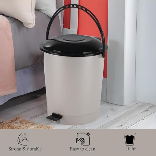 Image of Kuber Industries 10 Ltr Plastic Dustbin for Home with Pedal, Lid & Handle | Dustbin for Kitchen, Bathroom & Office | Garbage Bin for Wet or Dry Waste | Check Dhakkan- White