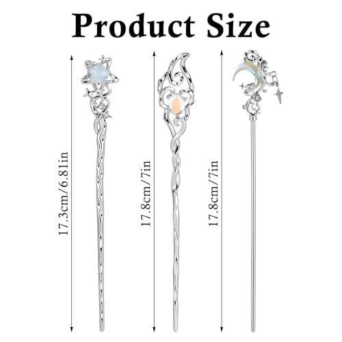 Shimmeroo 3Pcs Star Moon Stone Hair Chopsticks for Women,Metal Hair Sticks for Buns Chinese Long Hairpins Hanfu Accessories - Thumbnail 2