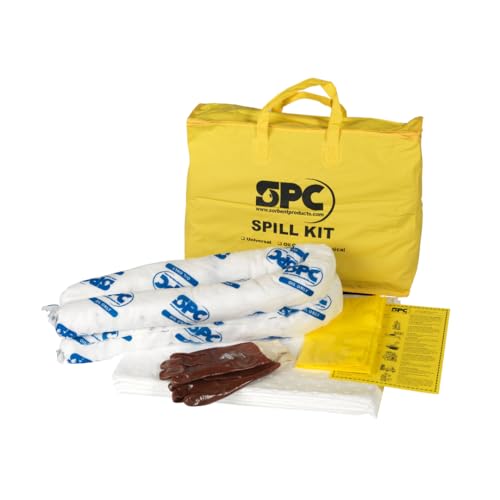 SPC® by Brady Kit Anticontaminación Aceite – Kit para Derrames de Aceite y Líquidos Derivados del Petróleo, Incluye 10 Almohadillas Absorbentes para Aceite, 2 Calcetines, Guantes y Bolsa para Desechos