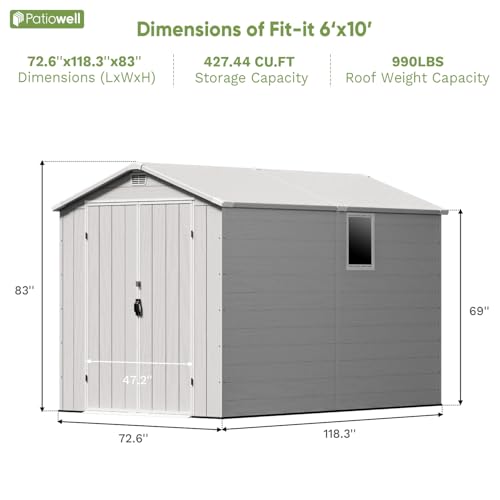 Image of Patiowell 6X10 FT Plastic Outdoor Storage Shed with Lockable Door and Floor, Resin Garden Tool Shed with Window, Waterproof Easy Assembly for Backyard, Lawn, Patio Furniture Storage (Light Grey)