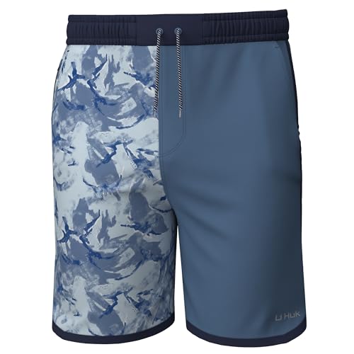 HUK Bermuda masculina longa padrão Caye, short de pesca de 20 cm com bolsos com zíper, Porto Silenci