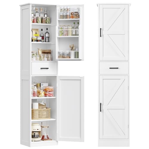 TEENFON Alacena de Cocina Alta y Despensa, Armario Multiusos con 2 Puertas, 1 Cajón y Estantes Ajustables, Aparador y Mueble de Baño para Cocina, Salón, Baño, 170 x 40 x 30 cm, Blanco