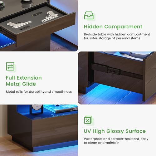 Image of HNEBC Black LED Nightstand with Gun Drawers&USB-C Port&Lights for Bedroom | Bedside table,Motion‑Sensor 3‑Color Lighting, Hidden Storage Compartment, USB, Type‑C Charging Station,hight-gloss