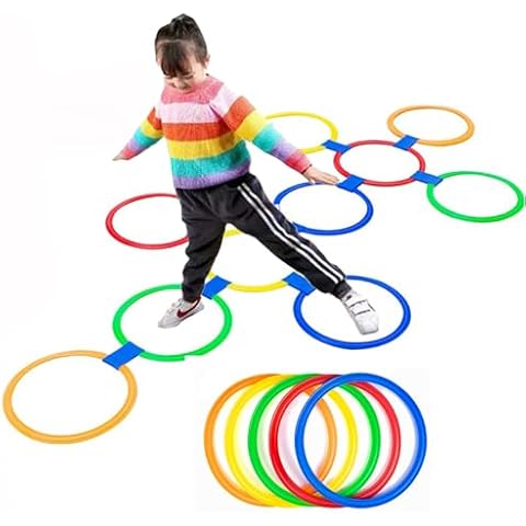 AMYESE Hopscotch Rings- 11in Hopscotch Game Hoops Circles with 15 Connectors for Kids Balance Agility Training Obstacle Course, Children Birthday Fun Play Indoor Outdoor Backyard Playground Activity Cover