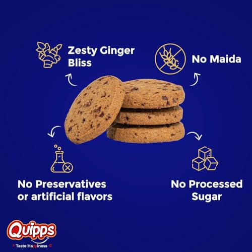 Image of Quipps Premium Ginger Cookies | No Maida, No White Sugar, No Preservatives | Made with Jaggery & White Butter | Healthy Biscuits | Fresh Crunchy Biscuits for Tea-Time Snack, Breakfast & Office Gifting | Vegetarian | Pack of 5 (200g Each)