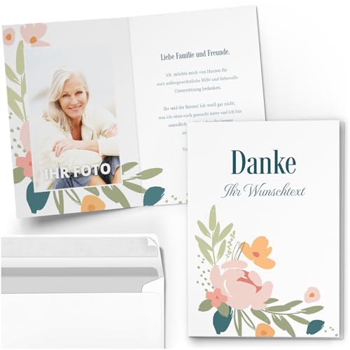 10 Dankeskarten Klappkarten Set A6 - personalisierte Danksagungskarten Danke Hochzeit Geburtstag Taufe Konfirmation Kommunion Jugendweihe Umschlag Blumen Motiv