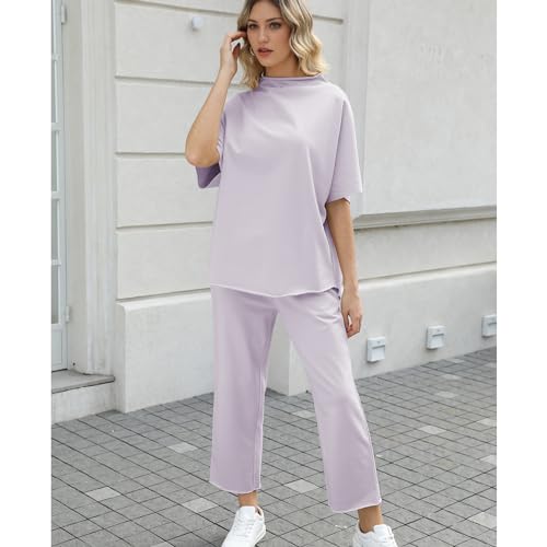 Image of SeeLuNa Women's Two Piece Outfits 3 /4 Batwing Sleeve Capelet Crew Neck Pullover Top Wide Leg Pants Lounge Set