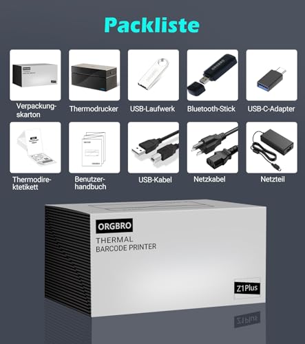 ORGBRO Bluetooth Etikettendrucker Z1 Plus DHL Thermodrucker Etikettiergerät 4x6 Versandetiketten Drucker Labeldrucker für Barcode, Adresse, Kompatibel mit Amazon, Etsy, Shopify, Schwarz