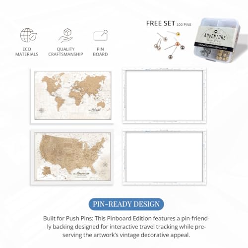 Image of IPIC - Vintage World Map & USA Map Canvas Wall Art Set of 2, Travel Wall Decor with Pins Included, Ready to Hang for Office or Living Room, 24x16 Inch