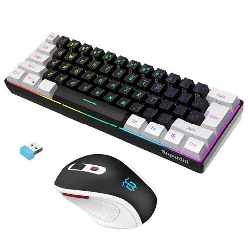 Snpurdiri Combo de teclado y mouse inalámbricos para juegos de 2.4 G, incluye un pequeño teclado 60% de tacto comercial, diseño ergonómico mini mouse (blanco y negro)