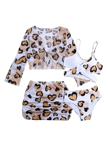 Verdusa Girl's 4 Piece Leopard Bikini Set Criss Cross Swimsuit with Beach Cover Up Set