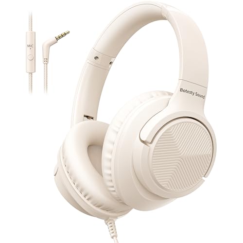 Botesty Sound Headphones Wired with Microphone, Over Ear Foldable 3.5mm Plug in Headphones Corded with 4.9ft Tangle-Free Nylon Cord for Tablet, Laptop, MP3/4, School, Airplane Travel (Beige)