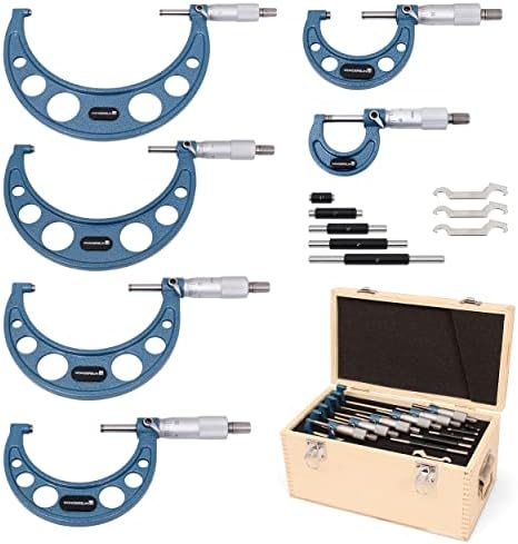 WONDERSUNM 6 Pcs Outside Micrometer Professional Premium Precision Machinist Tool Set 0-1"/1-2"/2-3"/3-4"/4-5"/5-6"Measuring Range Included 0.0001" Graduation