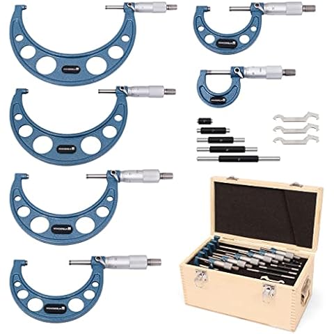 WONDERSUNM 6 Pcs Outside Micrometer Set Professional Premium Precision Machinist Outside Micrometer Set 0-6" Measuring Tool 0-1"/1-2"/2-3"/3-4"/4-5"/5-6" Measuring Range,0.0001" Graduation Cover