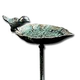WHW Whole House Worlds Country-Style, Leaf with Bird, Garden Stake Bird Bath, Cast Iron, Rustic Gree