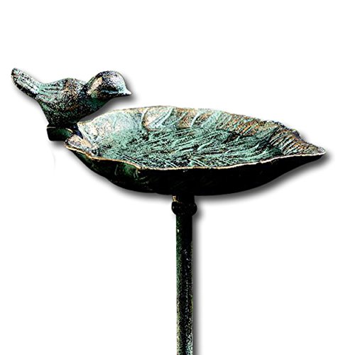 Whw Whole House Worlds Country-Style, Leaf With Bird, Garden Stake Bird Bath, Cast Iron, Rustic Green Patina, 3 Feet 2.5 Inches Tall #TOP16