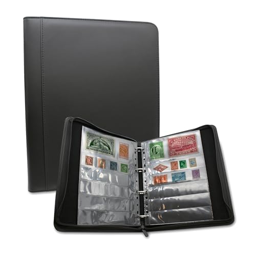 DOJA Barcelona | Album para Sellos | Libro Cuero PU Clasificador para Sellos con Cremallera y Anillas | 16 Hojas Doble Cara | Álbum Coleccionar y Guardar Sellos | Paginas Fundas Diferente Tamaño