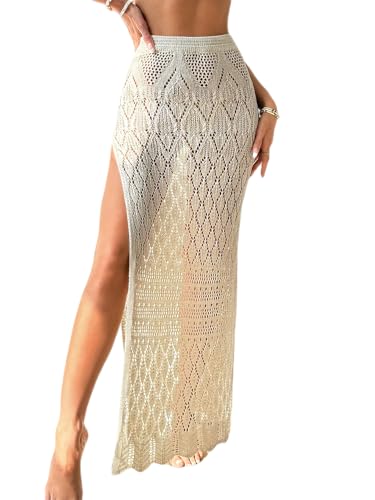 Women's Crochet Swimsuit Cover Up High Slit Boho Sheer Maxi Long Beach Wrap Skirt Cover Up