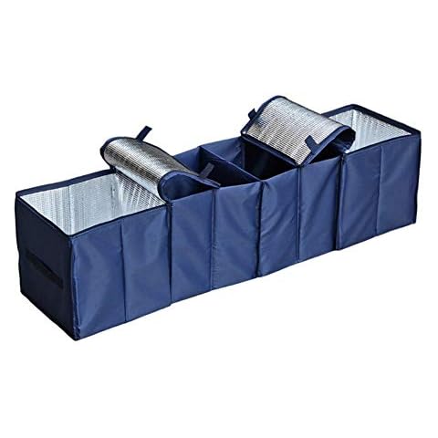 Collapsible Car Trunk Organizer, Cozyswan Fabric Auto Trunk Storage Container Foldable Multi 4 Compartments Fabric Storage Basket and Cooler & Warmer Set, Blue Cover