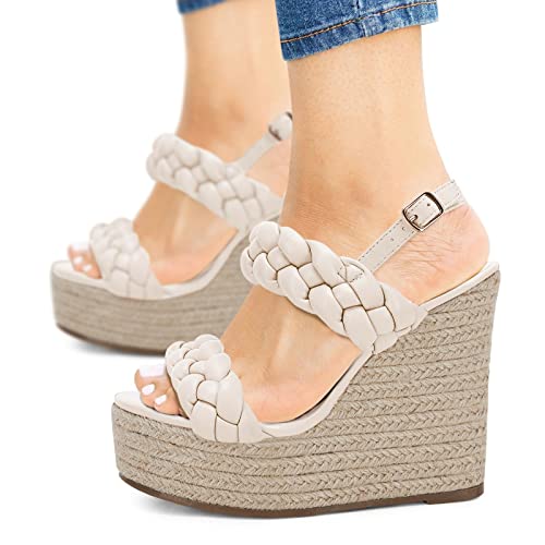 Coutgo Women's Braided Espadrille Platform Wedge Sandals Open Toe Two Strap Ankle Buckle Summer Shoes4