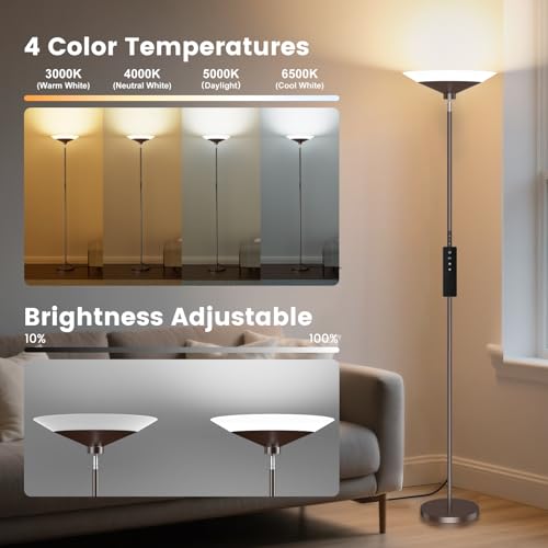Image of SIBRILLE Brown Torchiere Floor Lamp - 30W Dimmable LED Standing Lamp with Remote, 4 Color Temps, Stepless Dimming, 3000-6500K, 1800LM, 72in Tall Floor Light for Office Bedroom Living Room Corner