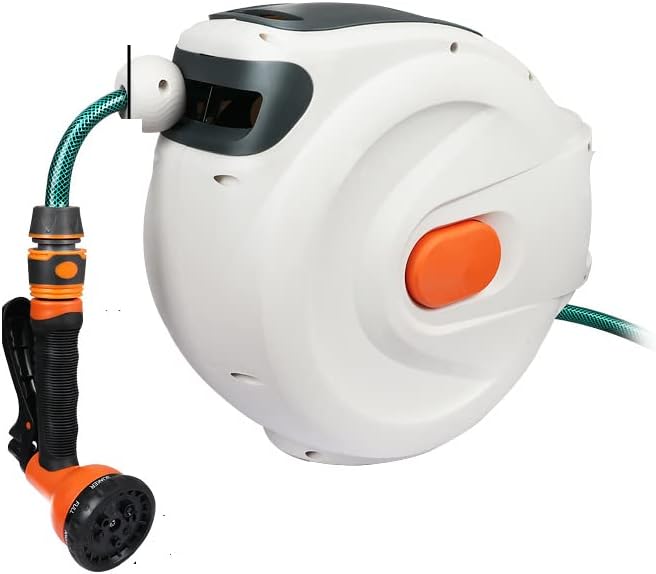 YUEWO Retractable Garden Hose Reel, Wall Mount Hose Reel with Auto Rewind Any Length Locked 8 Spray Nozzle 180°Swivel Pressure Washer for Garden Watering Car Washing (65 FT)