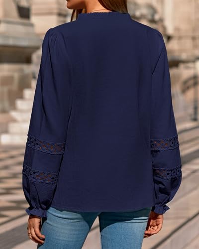 KIRUNDO Going Out Tops for Women 2026 Spring Fashion Boho Cotton Eyelet Long Sleeve Button Up Shirt Lace Dressy Casual Blouse(Navy Blue, X-Large) — view 2