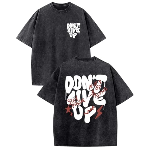 Wedsadl Oversized Tshirts for Men Graphic Vintage Tees Streetwear Shirts Acid Wash Tshirt Positive Letter Print Cotton Top(Black,M)