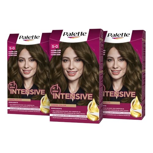 Palette Intensive Creme Color 5-0 Castaño Claro, tinte de pelo permanente con aceite de macadamia y almendras, cubre el 100% de las canas y raíces, para un color radiante, Pack 3