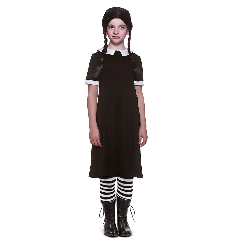 My Illusions Creepy School Girl Kids Halloween Fancy Dress Costume + Wig + Tights