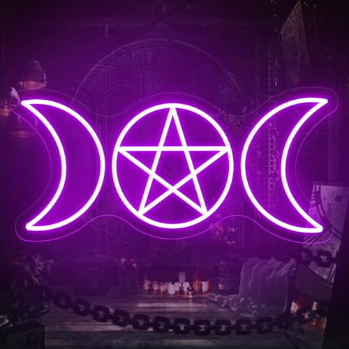 Image of Pentagram Triple Moon Neon Sign Gothic Hanging LED Light Wiccan Gift | USB Powered Dimmable Triple Goddess Wall Sign Decor Wiccan Neopagan Witch Decoration 16.5 inchx7.9 inch