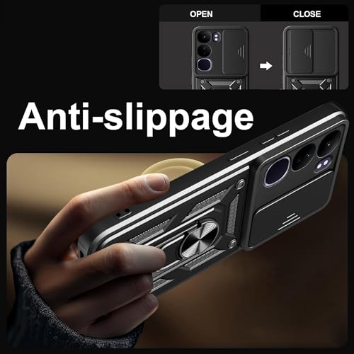 Image of Heavy Duty Back Case Cover for Realme C85 5G, Shockproof Realme C85 Back Cover, Ring Case with Kickstand and Camera Protection Shutter - Black