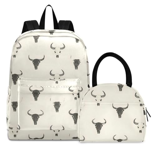 Backpack Lunch Bag Set Bison Skull Retro Print, Big Storage Travel Backpacks with Insulated Lunch Box for Office Hiking Picnic